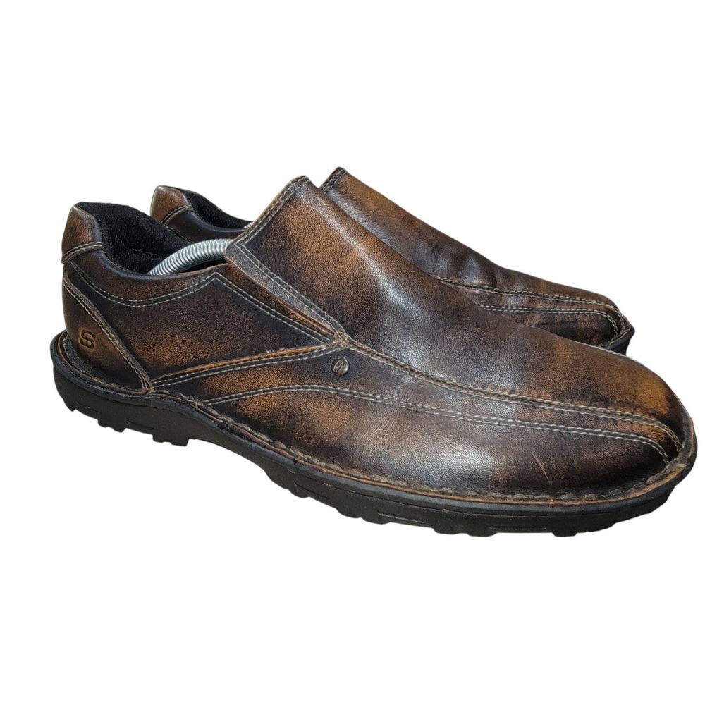 Skechers Mens Loafers Brown Leather Distressed Relaxed-Fit Slip-On Shoes Size 11